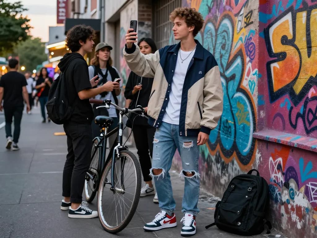 Stylish young man in Sunwin apparel enjoying urban life with friends.