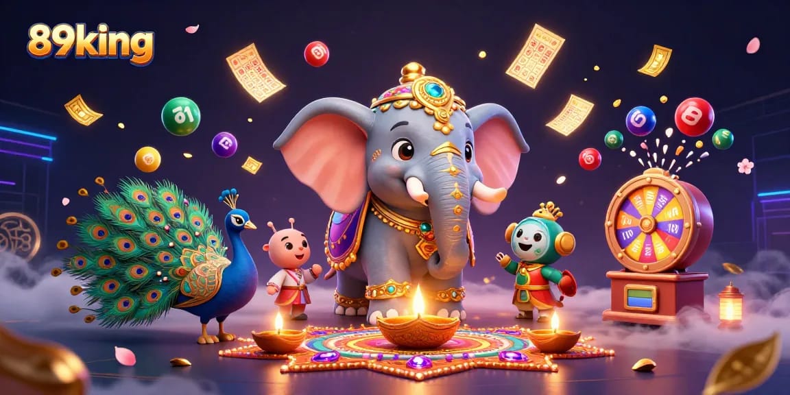 Engage with the vibrant world of 89king in an exciting promotional illustration showcasing colorful lottery elements.