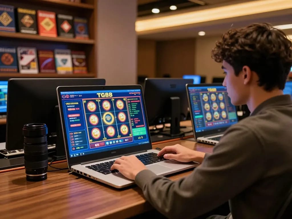Engaging online gaming session using tg88 link displayed on laptop screen, showcasing vibrant slot game.