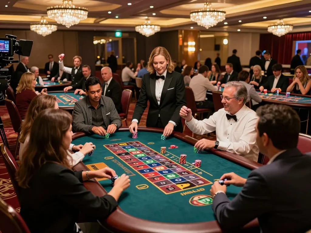 IWINCLUB players strategizing bets at an exciting casino table surrounded by vibrant decor.