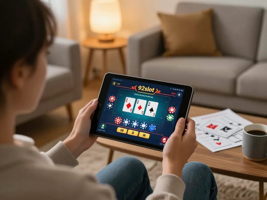 Person enjoying 92slot online gaming with tablet in a cozy home environment, showcasing responsible entertainment.