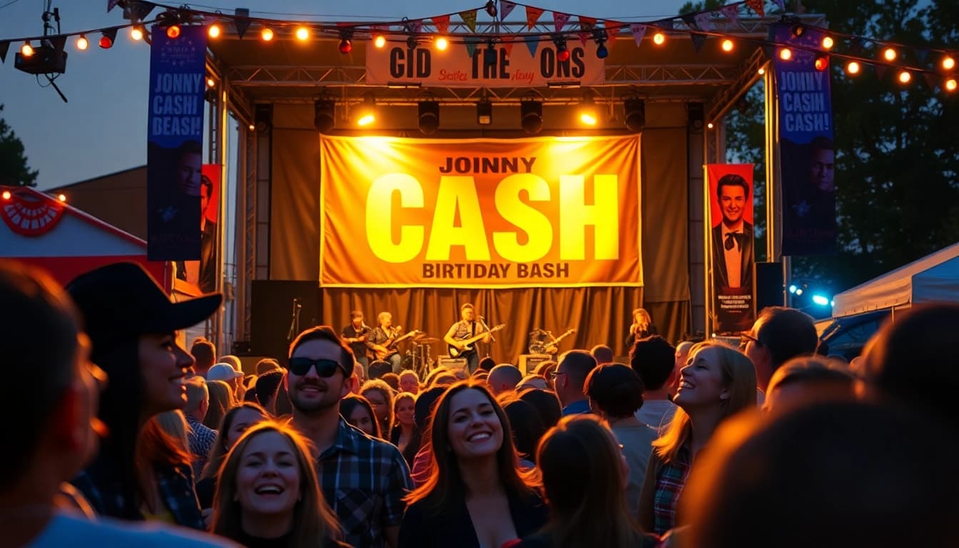 Johnny Cash Birthday Bash scene at johnnycashbirthday.com, featuring a lively crowd celebrating with live music and memorabilia.