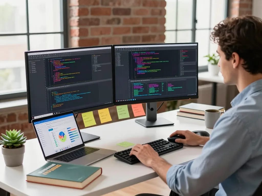 Engineer coding with dual monitors, TA88 software interface in vibrant workspace