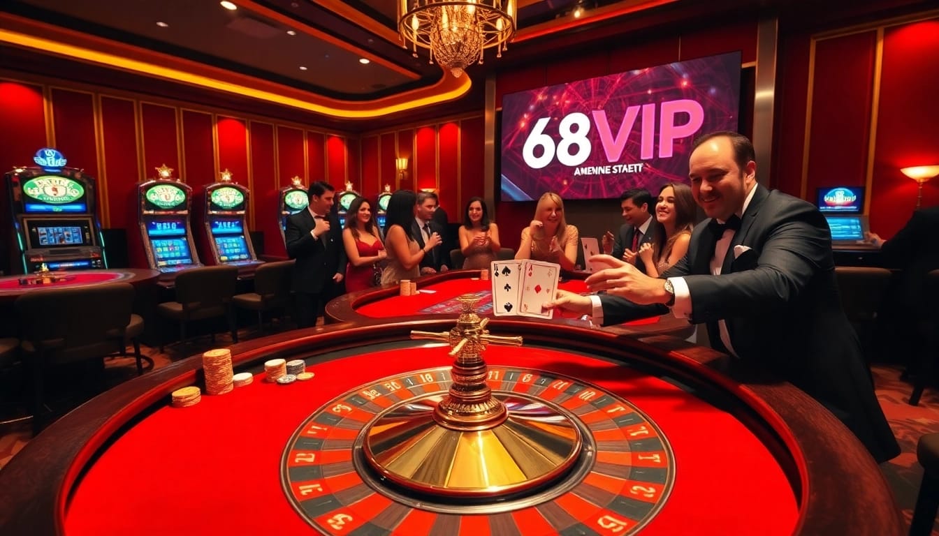 Exciting gaming experience at 68VIP casino with roulette, chips, and cards.
