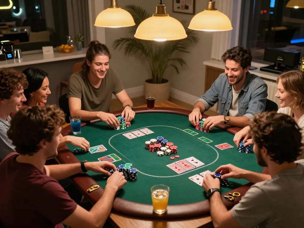 Friends enjoying an exciting poker night with chips and cards at home, creating a Bay789 gaming experience.