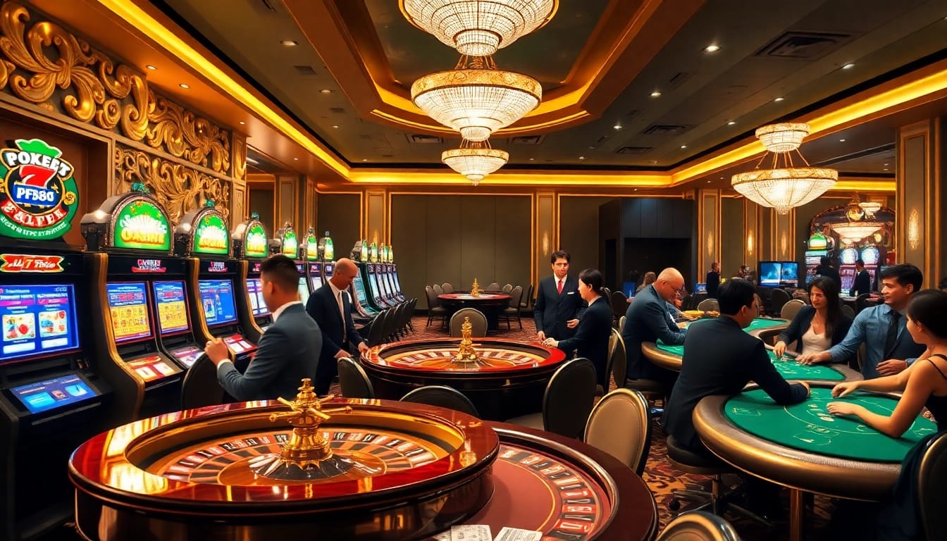 Experience the excitement of pg88 with vibrant casino tables, slot machines, and cheerful players.