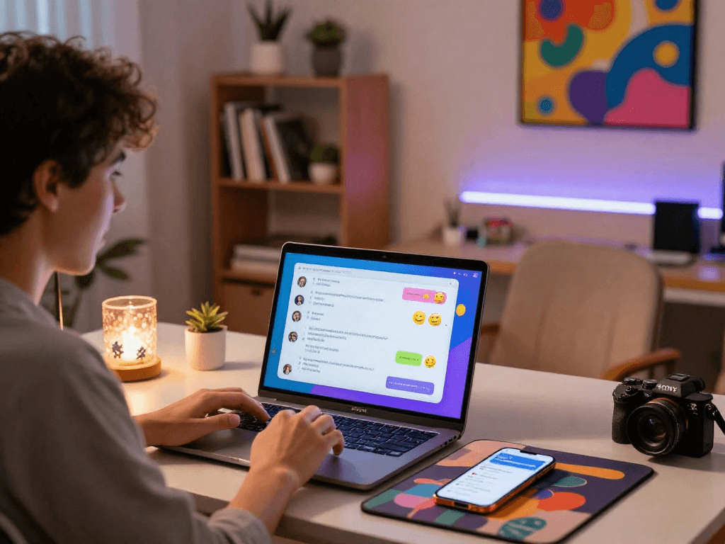 Engaging ai chat porn interaction in a modern workspace with colorful chat interface.