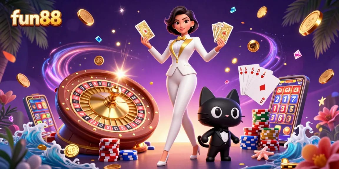 Experience fun88 casino excitement with a glamorous dealer shuffling cards in a vibrant, action-packed scene.