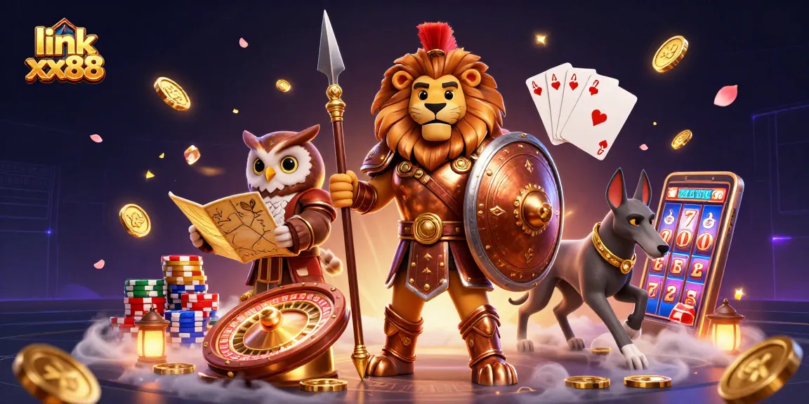 Spin to win with link xx88: Engaging 3D digital casino scene featuring epic characters and gaming elements.
