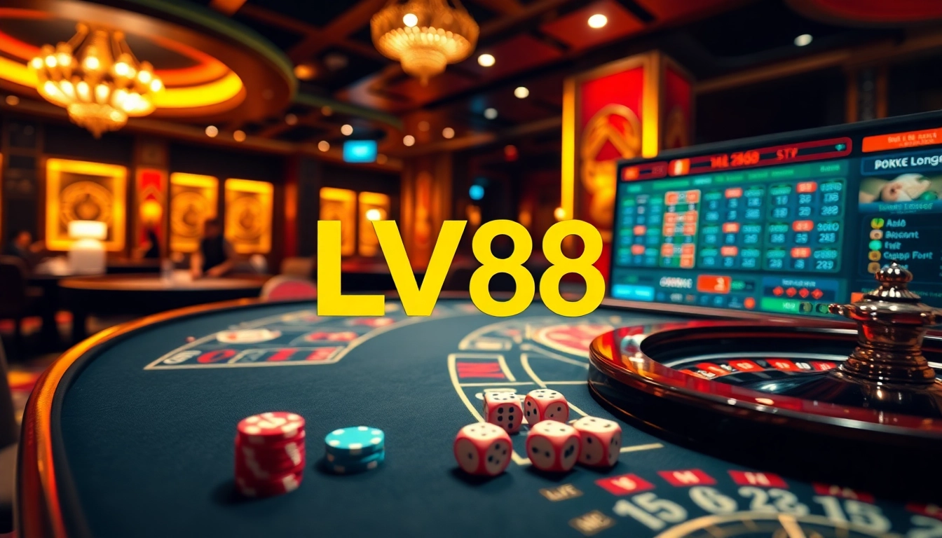 LV88 casino players celebrating wins with poker chips and a vibrant online gaming interface.
