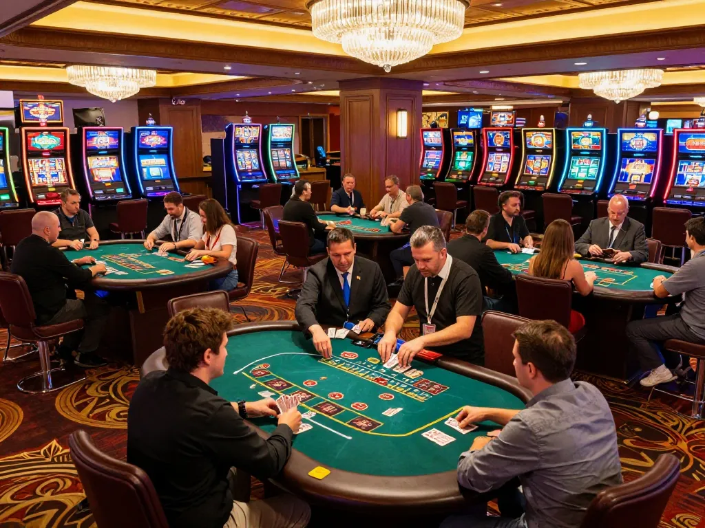 Kuwin1 gaming scene featuring players engaged at blackjack tables, capturing high-energy casino atmosphere.