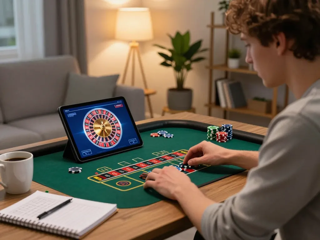 Player enjoying vegas88 roulette game on tablet, focusing on chips and spinning wheel in a cozy room.