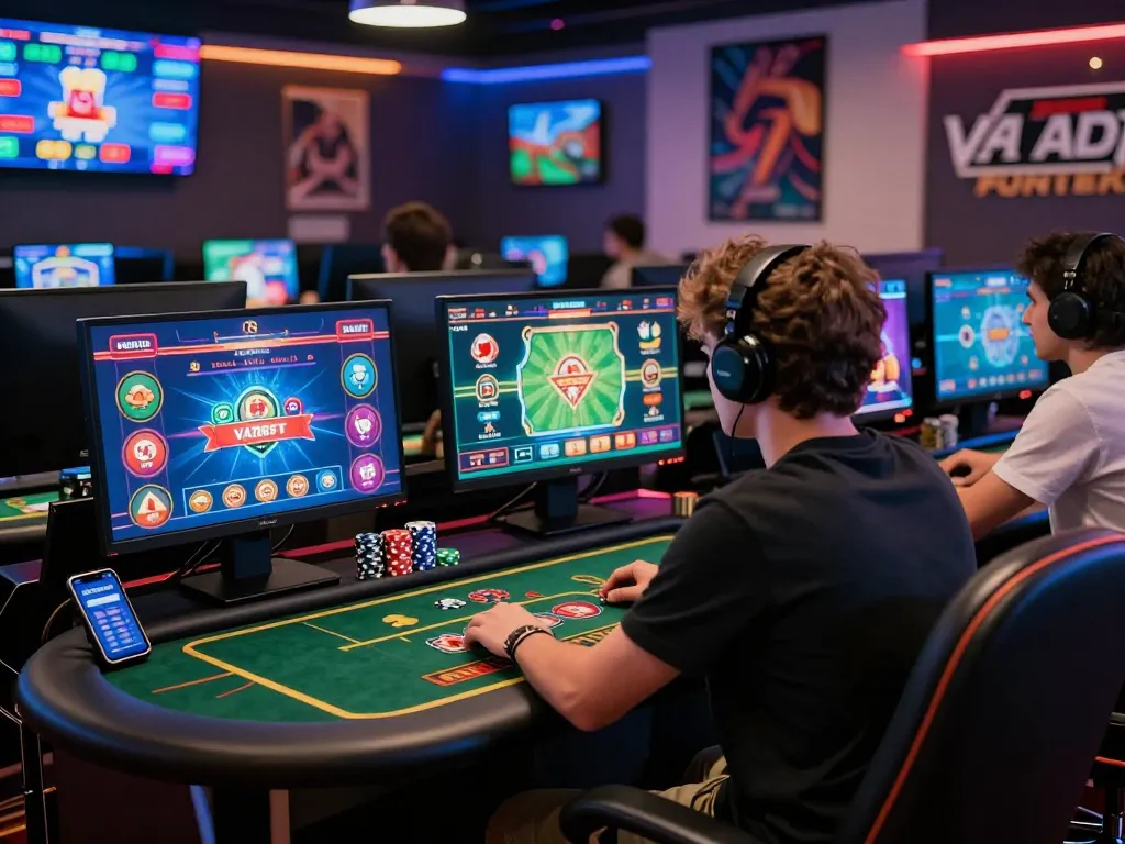 Exciting online casino setup featuring VAOBET with gaming screens and poker chips.