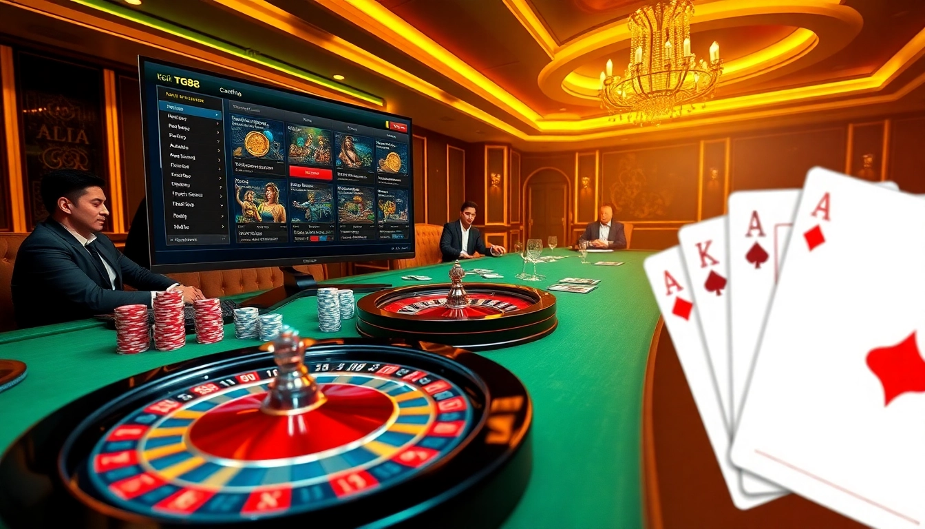 Experience the thrill of gambling at Nhà cái TG88 with vibrant casino games featuring poker chips and roulette wheels.