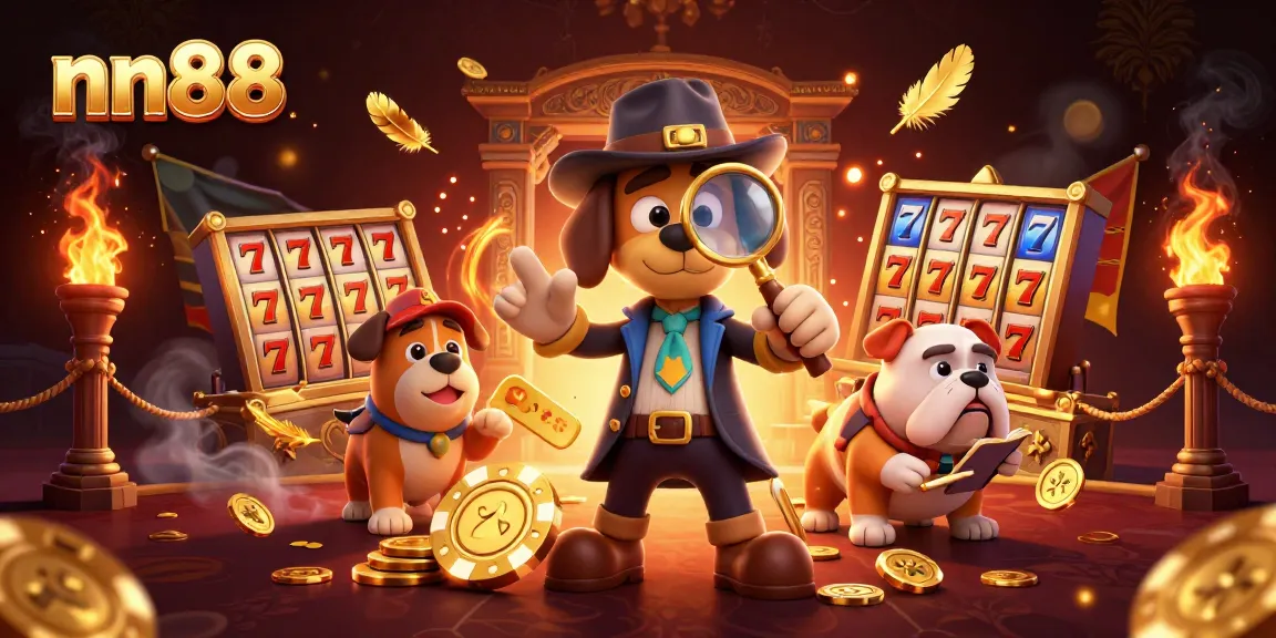 Engage with nn88 gaming excitement through a dynamic illustration of a detective in a casino adventure.