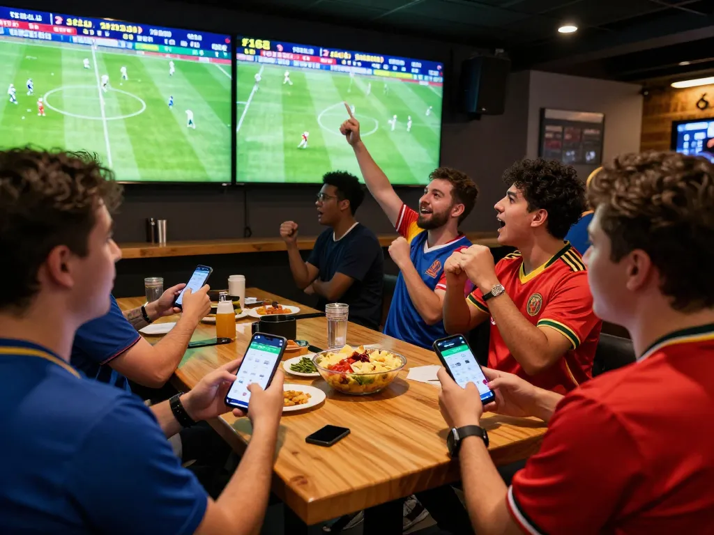 Friends excitedly using the f168 app for live sports betting while watching a football game.