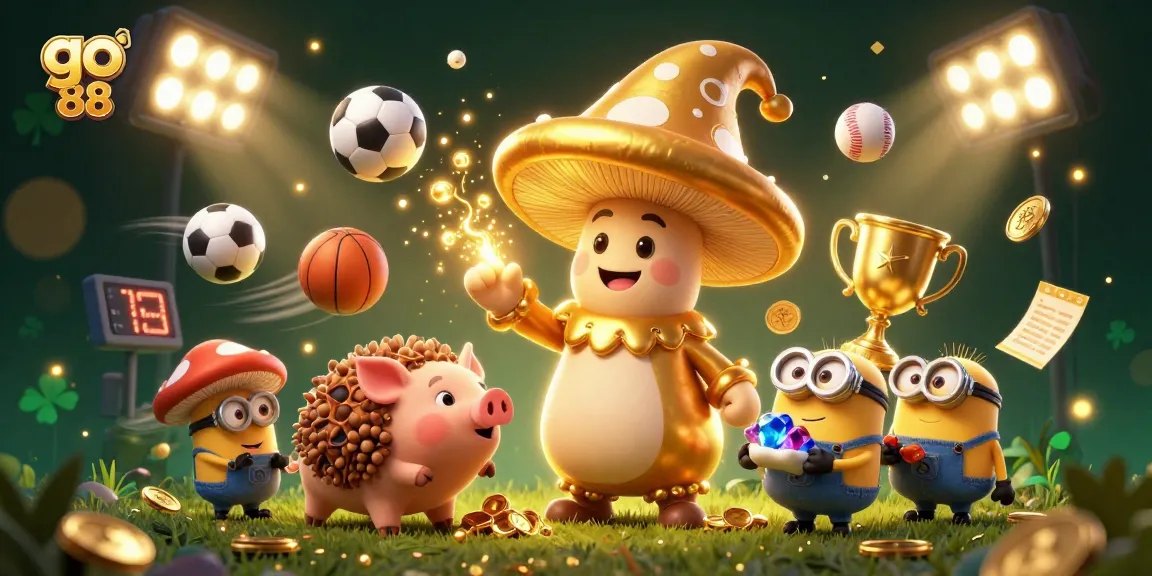 Experience excitement and winnings with go 88's vibrant illustration featuring magical golden characters and dynamic sports elements.