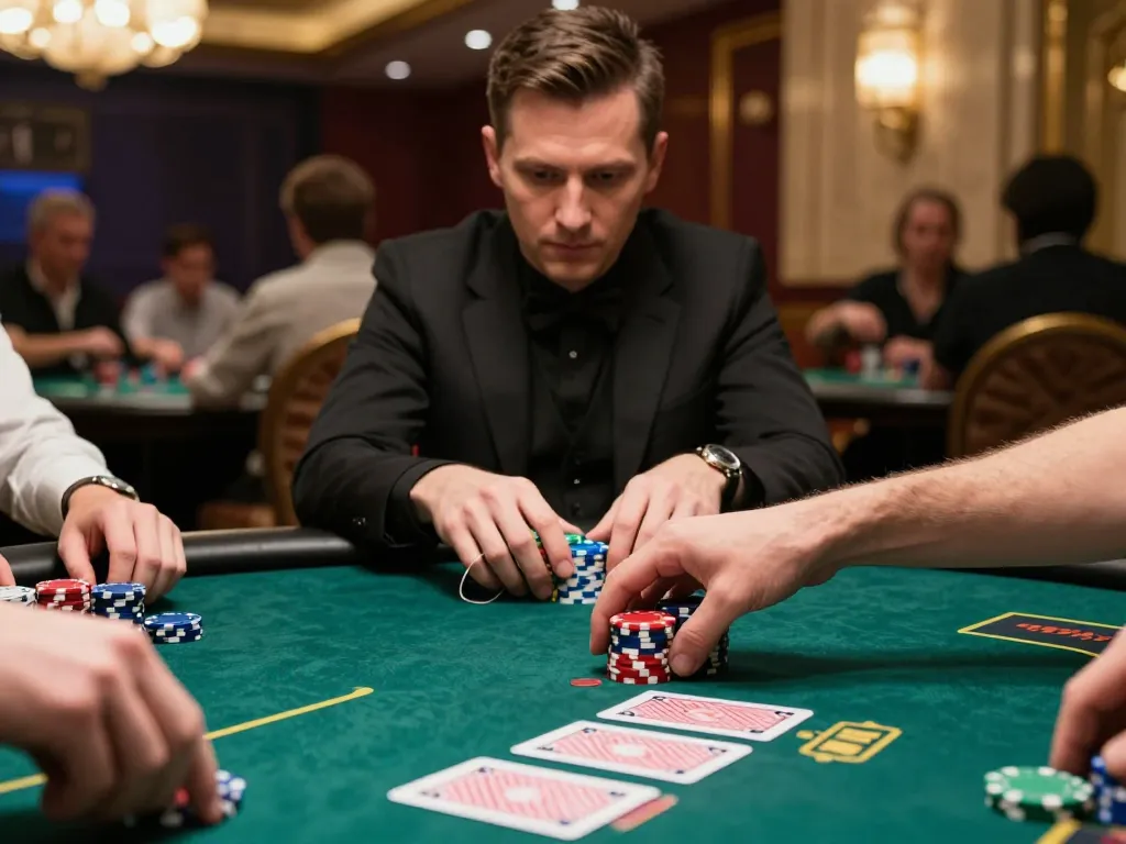 Player placing bets in an exciting poker game at jun88 com, showcasing vibrant chips and intensity.