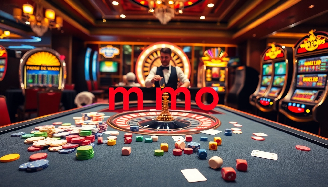 Engaging gaming atmosphere at MMOO casino with vibrant tables and glowing slot machines.