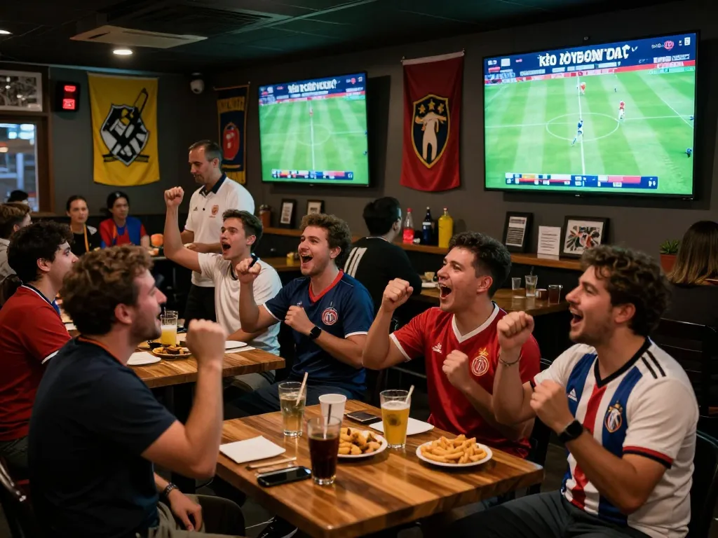 Excited fans enjoying kèo bóng đá in a vibrant sports bar during a football match.