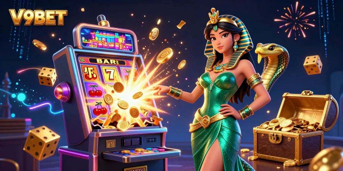 Experience winning at V9BET with an illustration of a slot machine jackpot explosion, vibrant gaming elements, and exciting casino atmosphere.