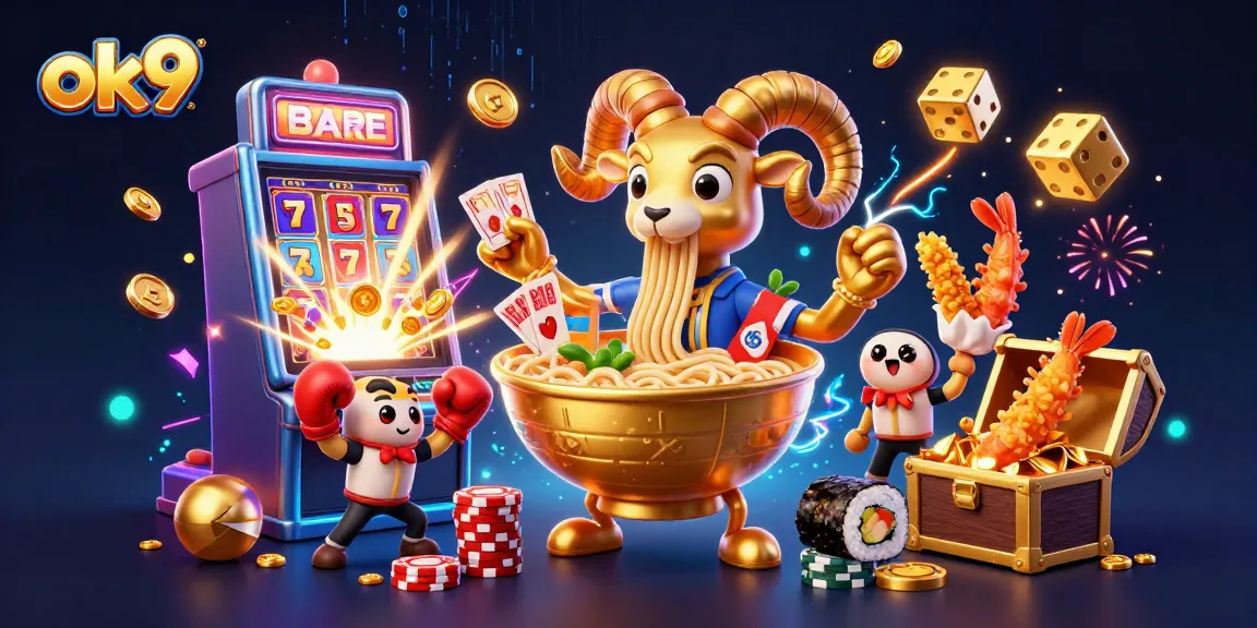 Engage with the vibrant ok9 casino action featuring a golden ramen bowl dealing cards and slot machine bursts.
