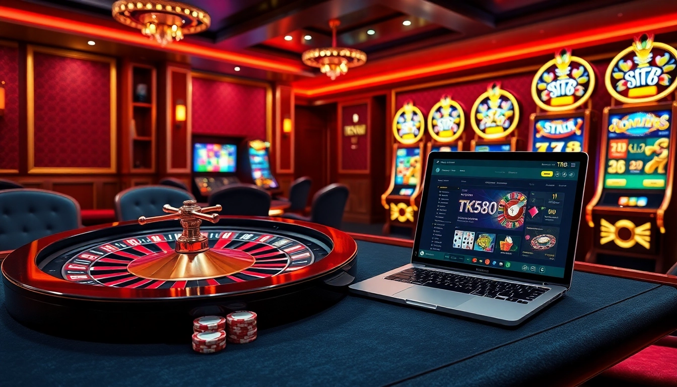 Experience the excitement at nhà cái tk88 with vibrant online gambling visuals and casino elements.