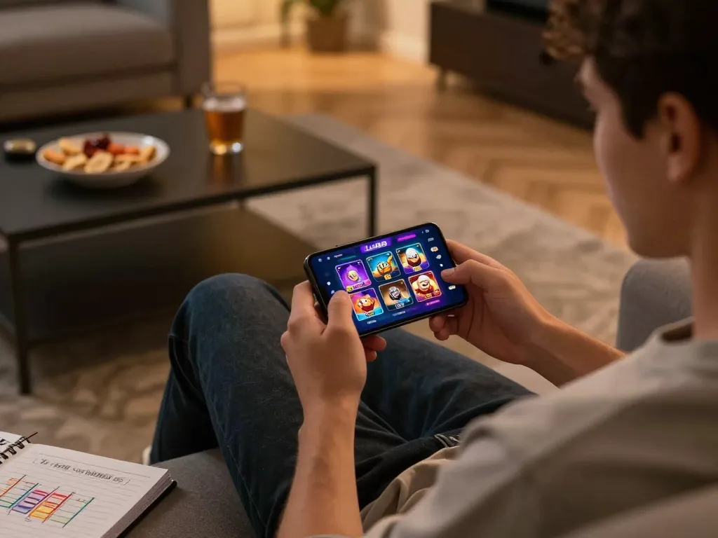 Engaged user playing Lu88 casino app on smartphone in cozy home environment