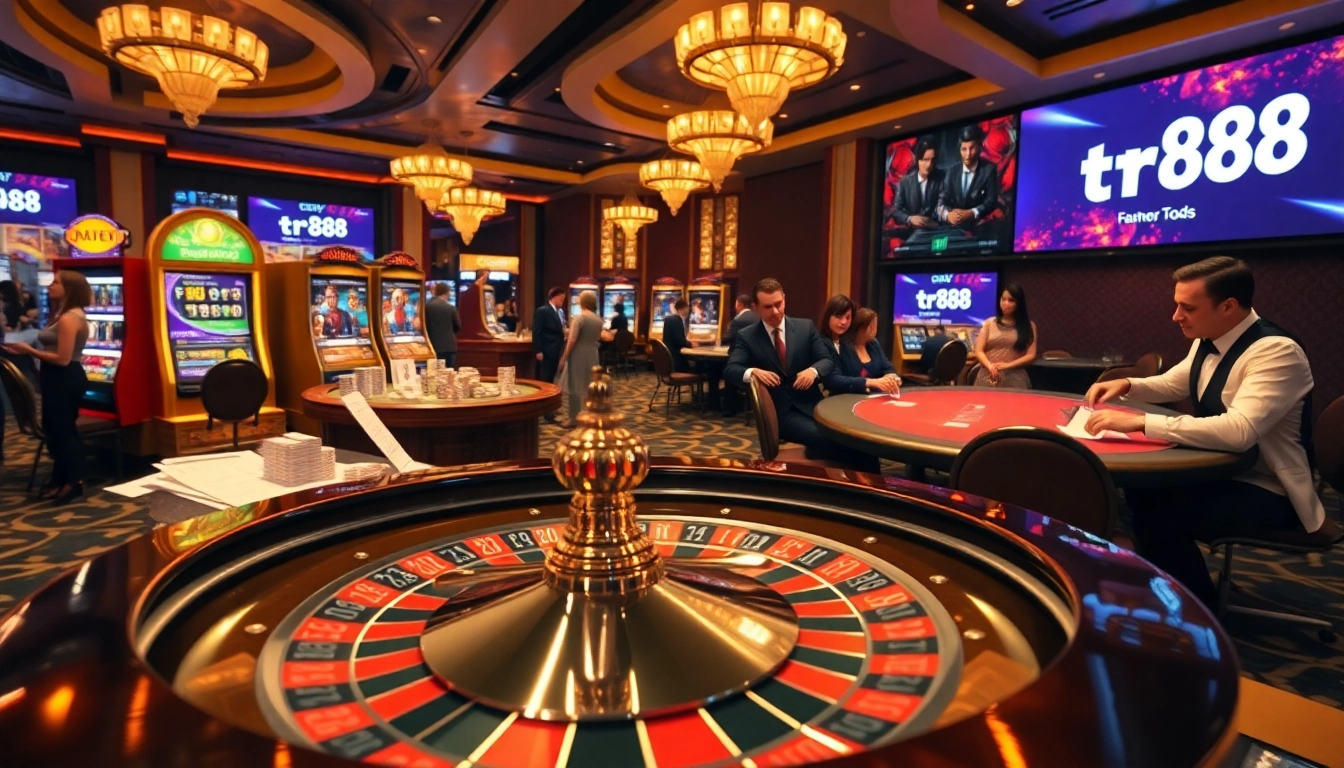 Players engaging with casino games featuring tr88, highlighting excitement and strategy in a luxurious setting.