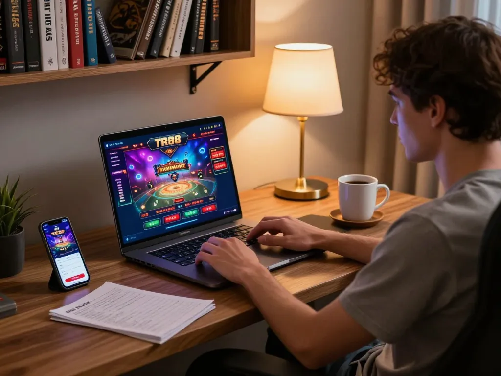 Players engaging with TR88 online casino gameplay in a stylish home setting, showcasing strategic gambling.