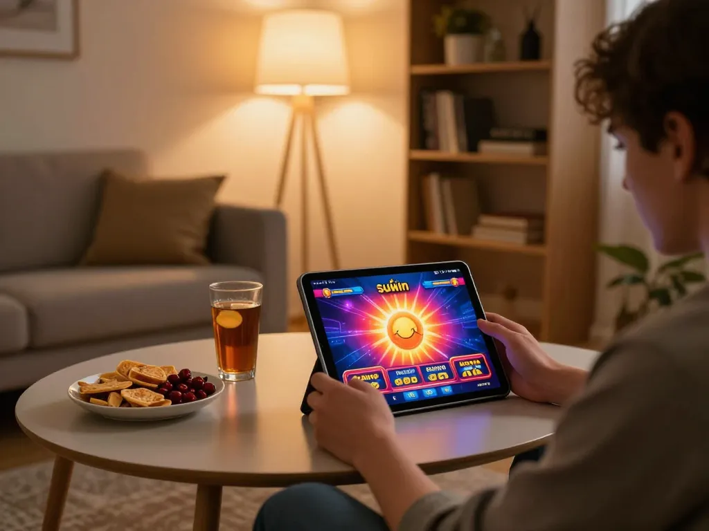 Engaging with the sunwin casino app on a tablet during a cozy home gaming session