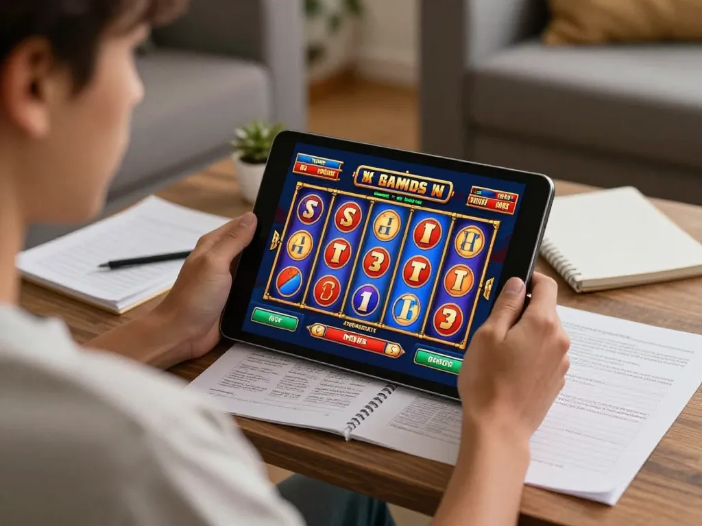 Terlibat dengan situs slot online di tablet dalam lingkungan rumah yang nyaman, menampilkan pengalaman bermain yang imersif.