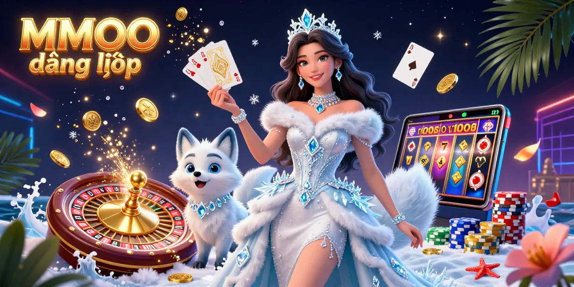 Experience the magic of MMOO đăng nhập with vibrant characters and casino games illuminated by sparkling lights.