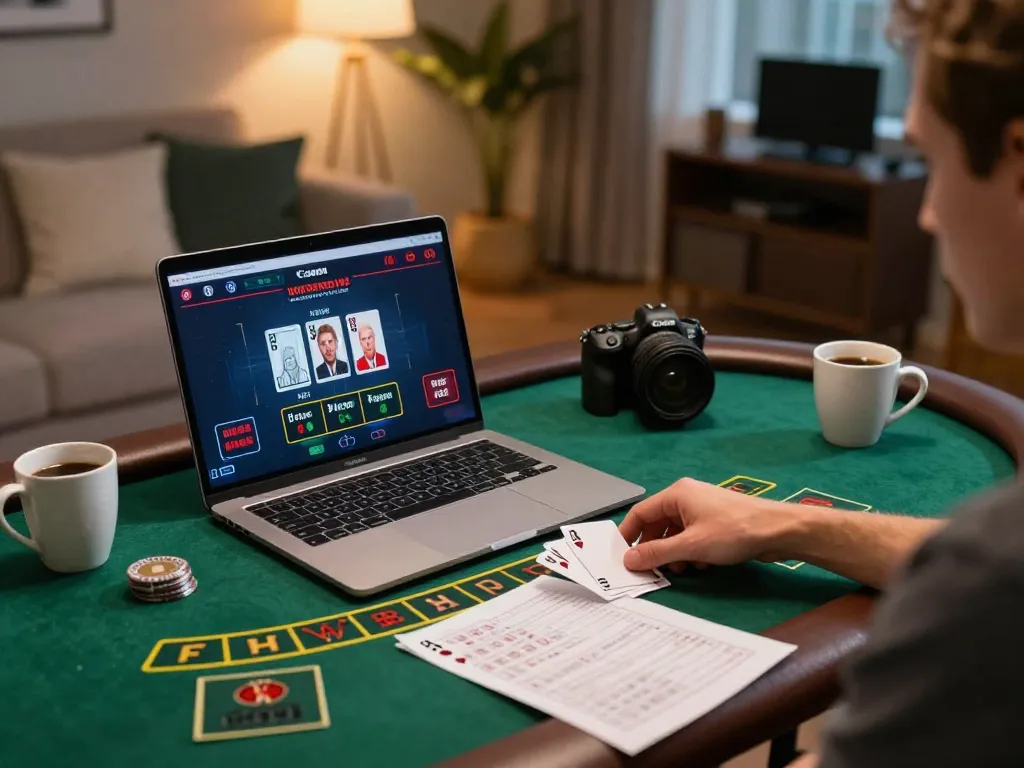 engaged in online blackjack at ONBET casino with strategic notes nearby