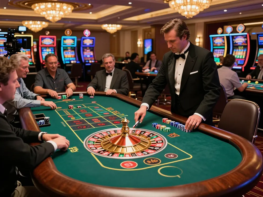Vin88 players placing bets at an exciting roulette table in a luxurious casino atmosphere