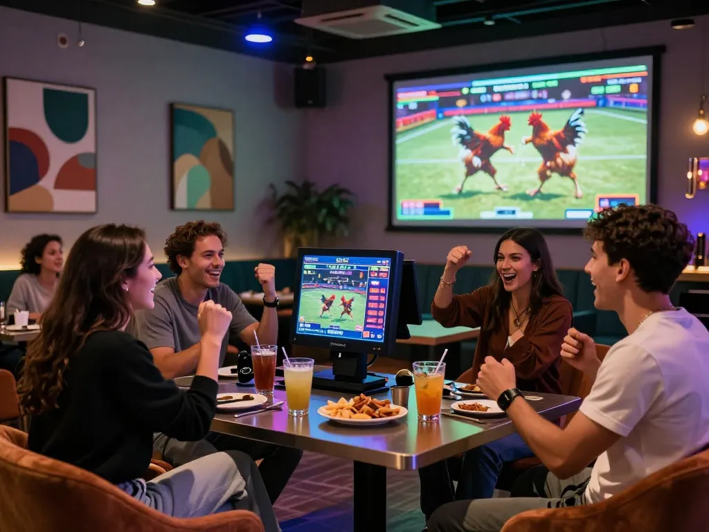 Excited friends at https://ga179.press/ enjoying a live chicken fighting event while placing bets in a stylish lounge.