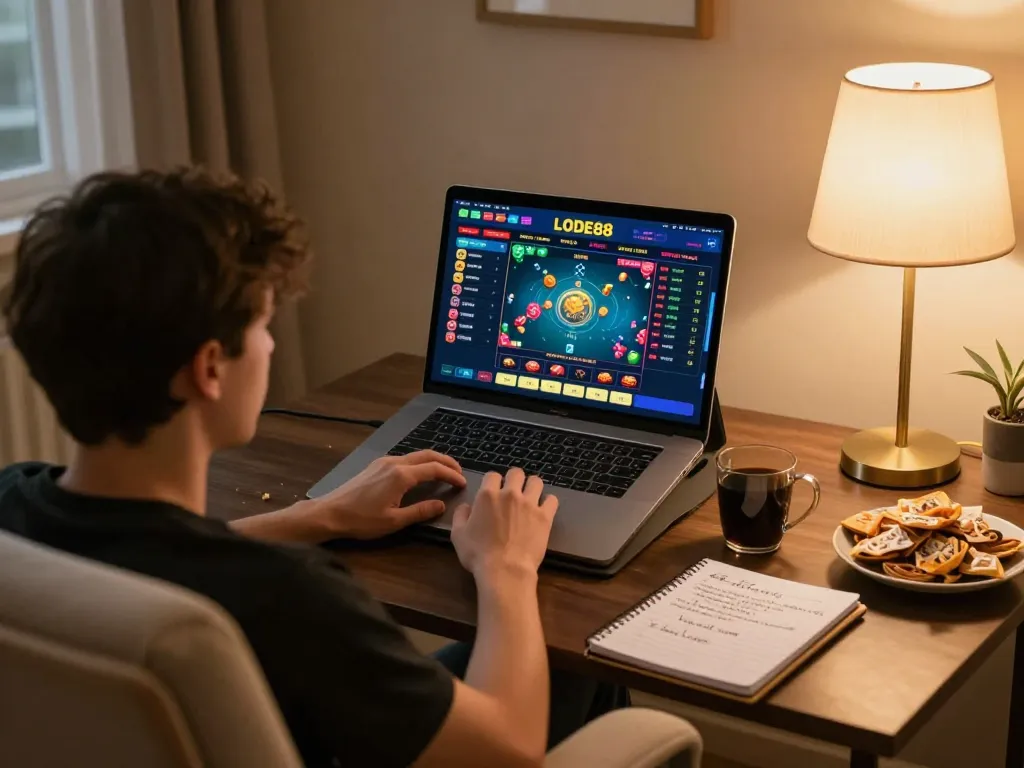 Player engaged in LODE88 online gambling strategy session at home with tablet and notes