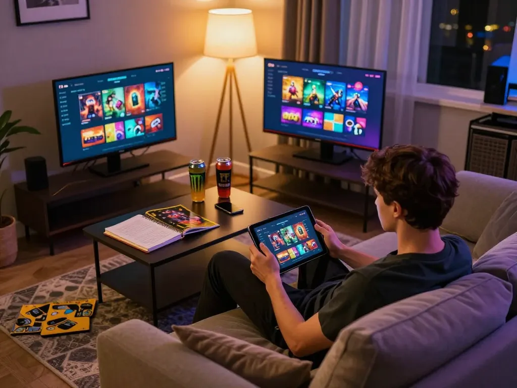 Person engaging in online gaming at home, showcasing nhà cái online uy tín with a tablet and strategic notes.