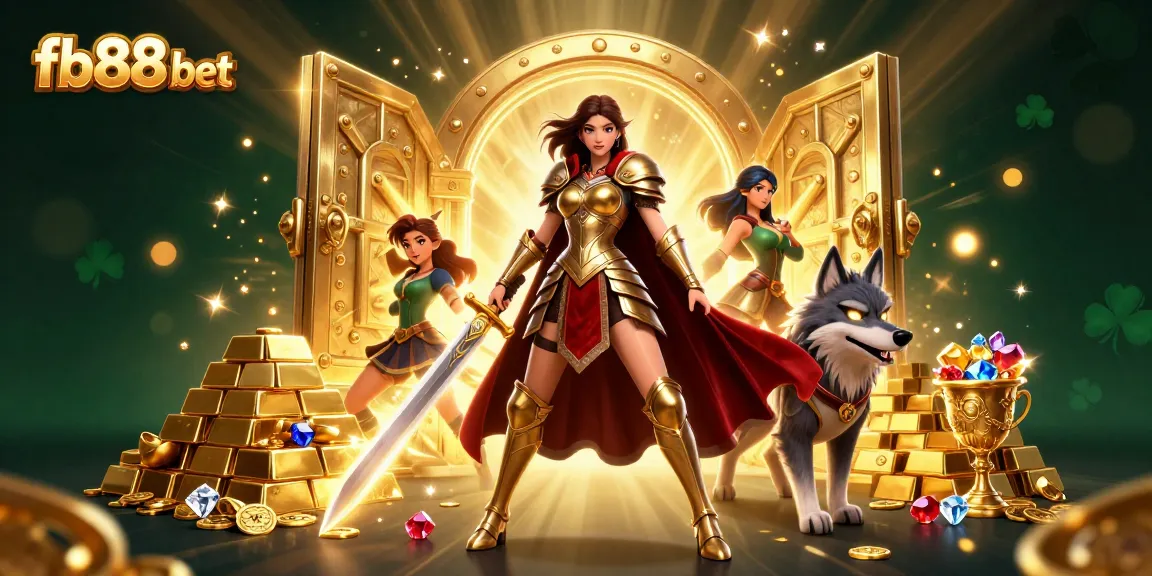 Join the thrill of fb88 bet with a dynamic warrior queen and her glowing wolf companion in a treasure-filled scene.