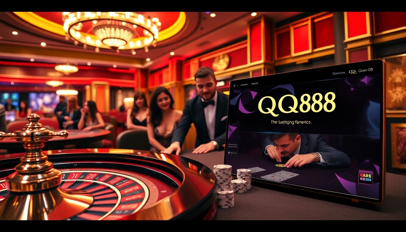 Players enjoy an exciting poker game and roulette at QQ88's luxurious casino setting.