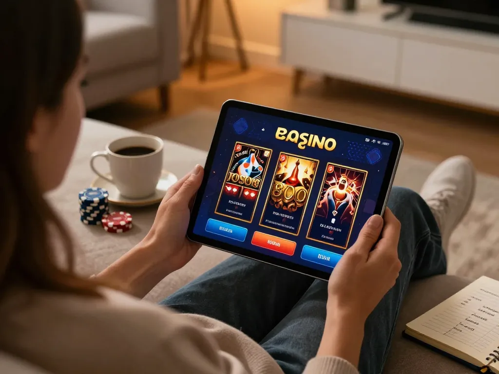 Engaged player using 8day app on tablet for strategic online gaming, cozy home setting.
