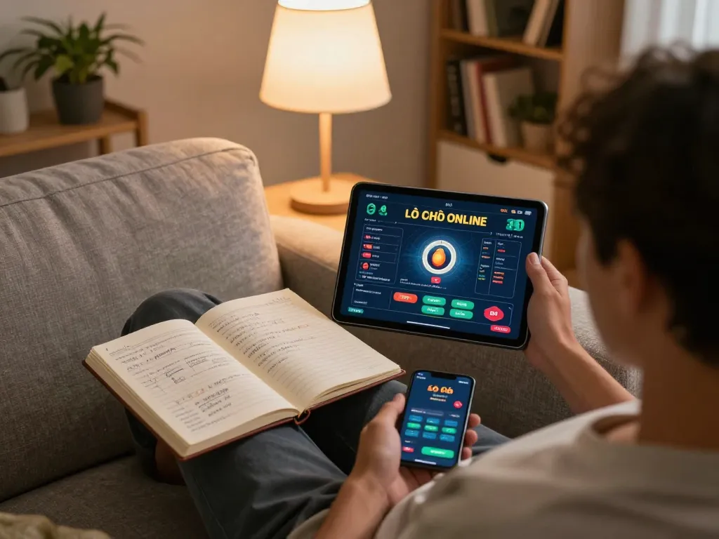 Lô Đề Online player using a tablet in a cozy setting, showcasing strategic betting and responsible gambling.