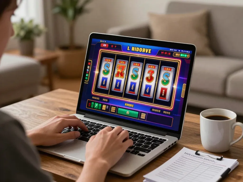 Player navigating go8 online slots at a cozy home setup with vibrant screen display