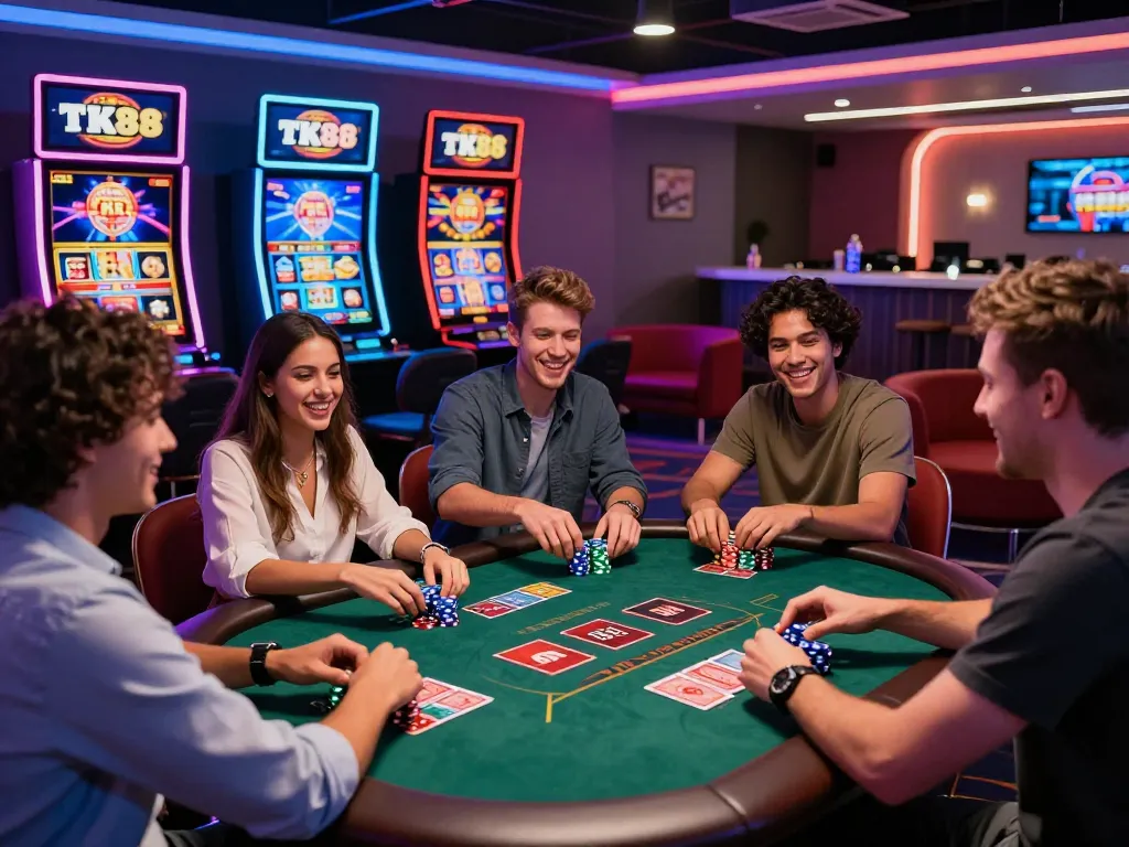 Friends enjoying an engaging gaming session at TK88 casino with exciting games and vibrant atmosphere.