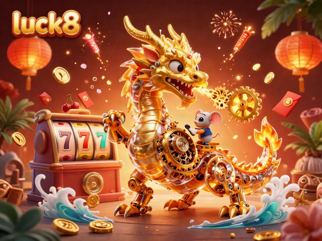 Engage in rich casino adventures with luck8's 3D dragon breathing golden gears.