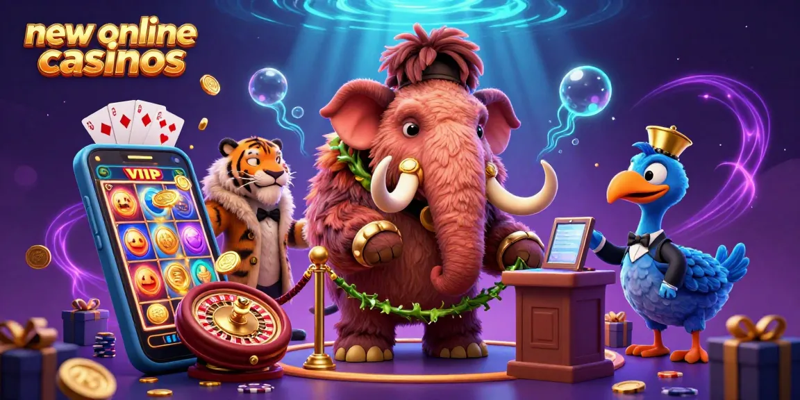 Engage with new online casinos while enjoying animated characters and vibrant casino elements in a lively scene.