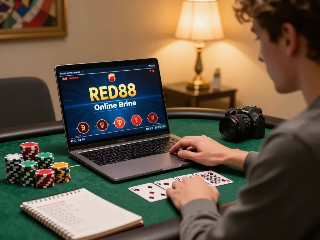Engaging in strategic RED88 online casino gaming with chips and cards on the table.