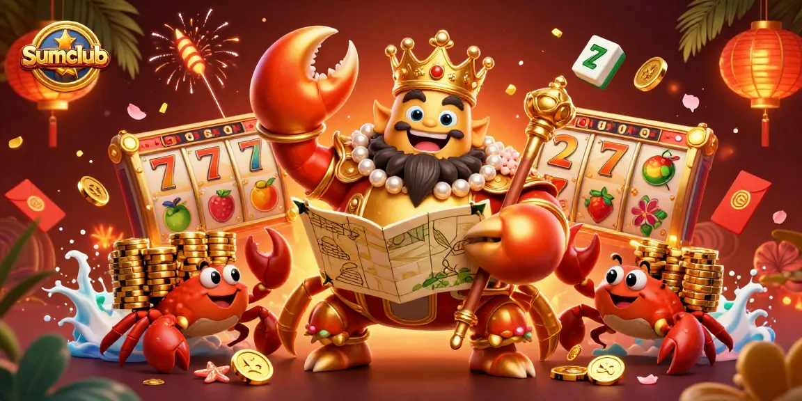 Play at Sumclub with golden crab emperor and vibrant jackpot imagery in a dynamic casino scene.