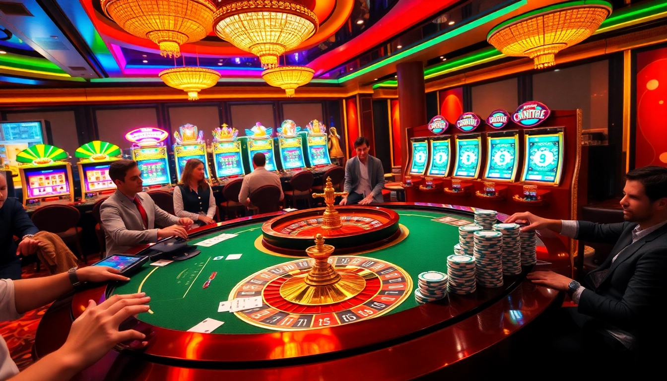 Experience luxurious gaming action at vu88.com with vibrant casino tables, cards, and roulette wheels.