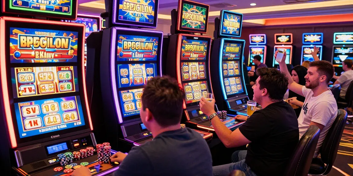 Players enjoying slots where you can buy bonus at a lively casino, surrounded by colorful machines and vibrant atmosphere.
